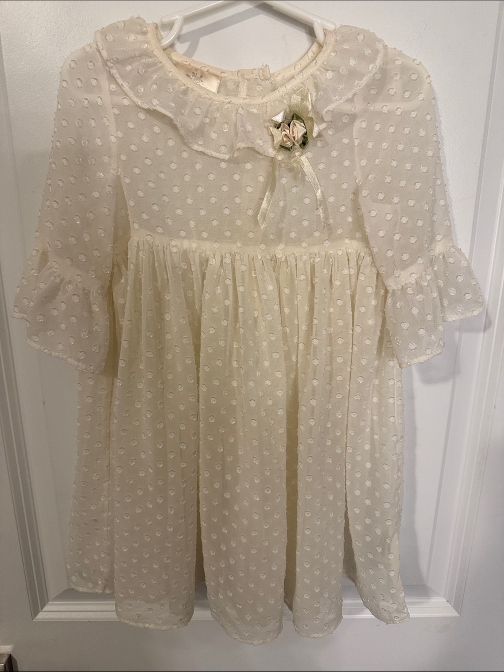 Ivory Swiss Dot Ruffle-Trim Girls' Formal Dress with Floral Accent